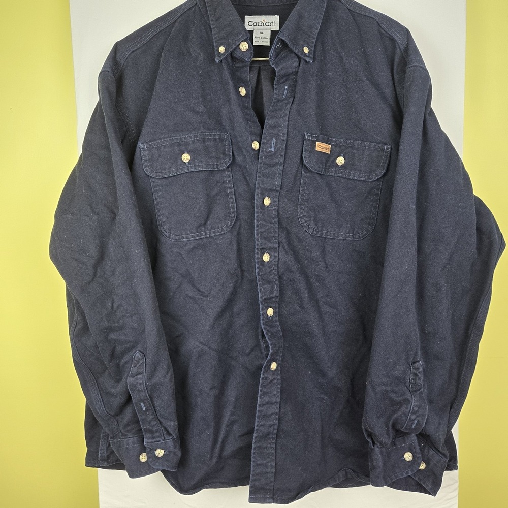 Carhartt Work Heavy Button Up Navy Shirt Sz Mens XL S09MDT